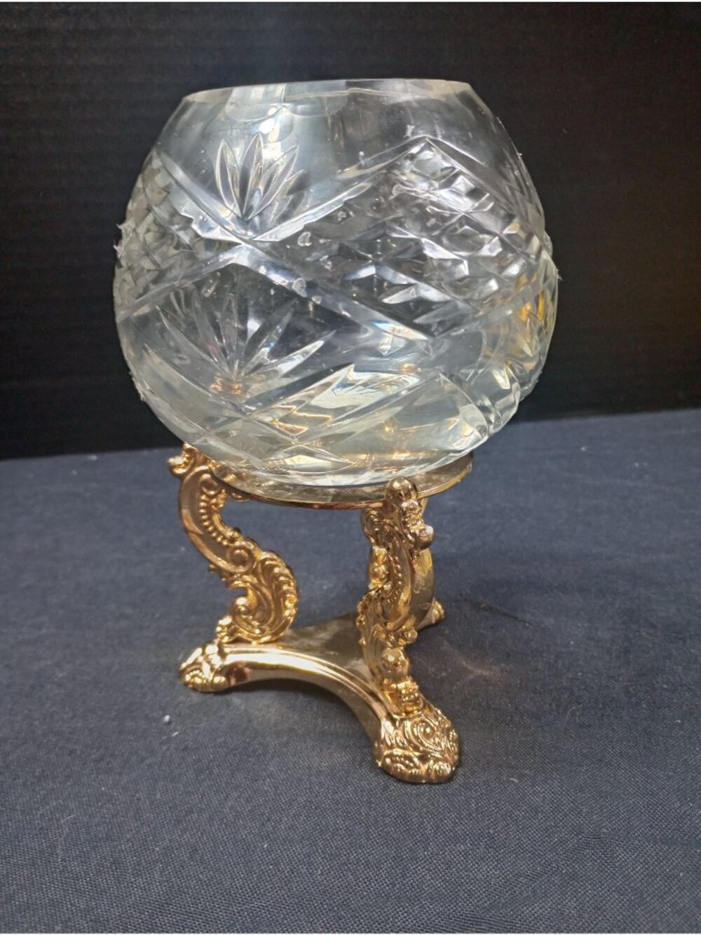 Vintage  Barski Clear Votive Rose Bowl Candle Holder with Godinger Gold plated S